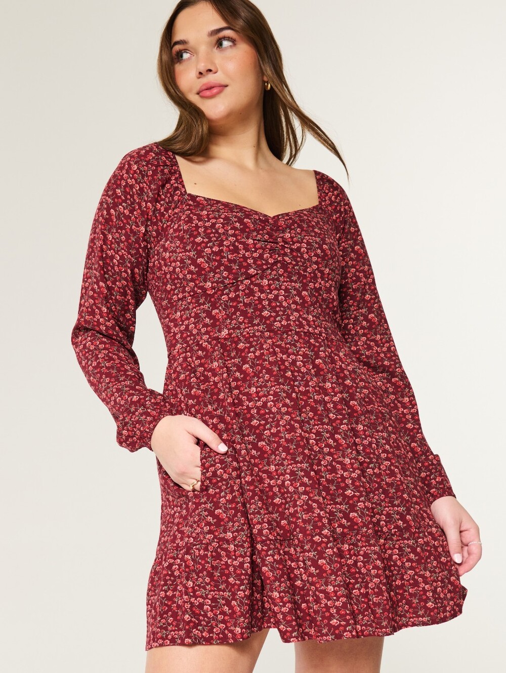 Hollister Burgundy Floral Long-Sleeve Mini Dress